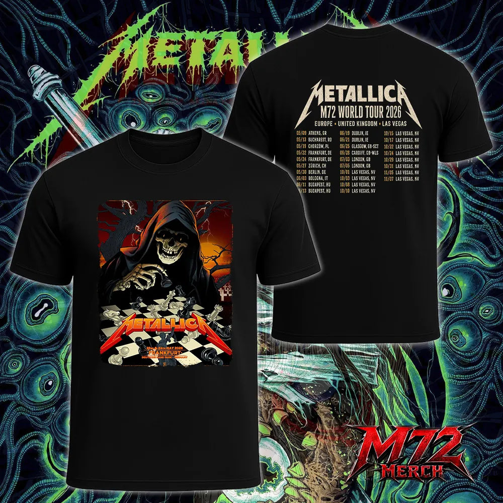 Metallica World Tour M72 May 22 & 24 2026 Frankfurt Germany Deutsche Bank Park Grim Reaper Chess Two Sided T-Shirt
